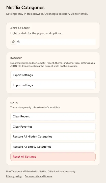 The Options page with appearance, backup export and import, and controls to clear or reset local lists
