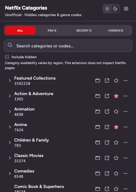 The extension popup listing genre groups such as Featured Collections, Action & Adventure, and Anime, each with its code