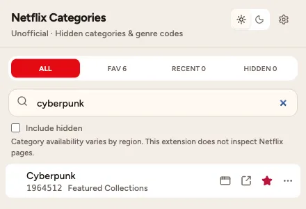 The popup in light theme with a search for cyberpunk returning the Cyberpunk genre, code 1964512